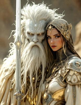 The primary subject of the image is a woman dressed in a medieval-style costume, standing next to a man with a beard and a sword. The setting appears to be a rocky outdoor environment. The visual style of the image is a combination of photo and digital art, creating a unique and intriguing scene. The colors and mood of the image are dark and dramatic, with the woman's costume and the man's beard adding a sense of mystery and intensity to the scene.